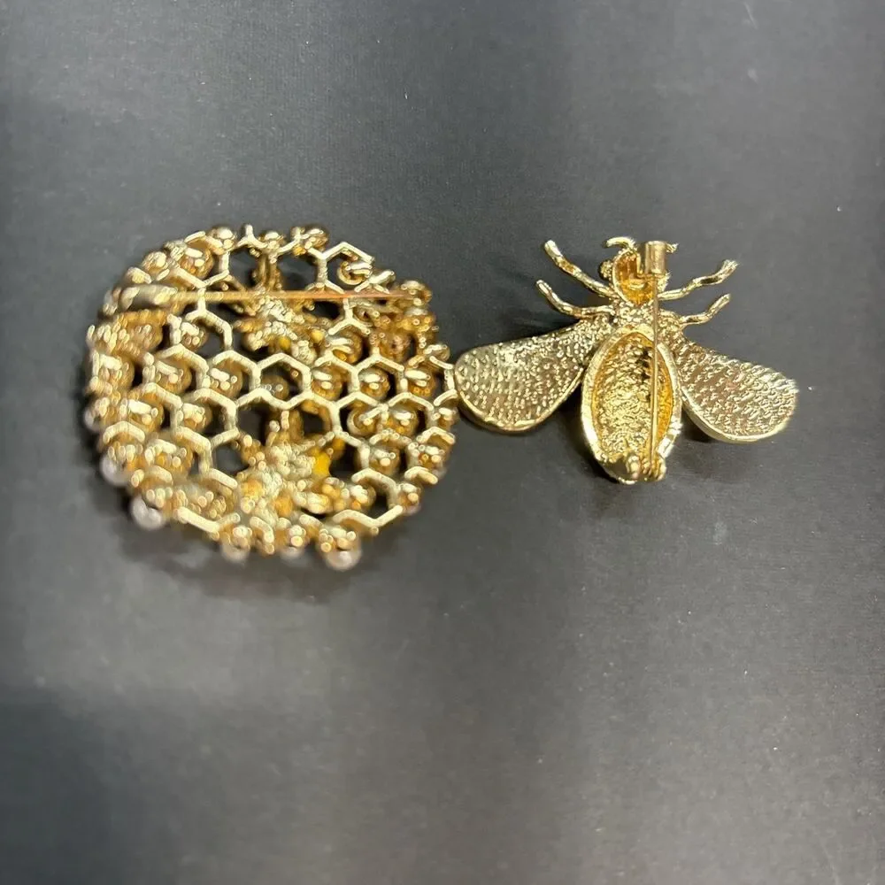 Bee Brooch Pendants Gold Tone Black Clear Rhinestones Faux Off White Pearl Pins